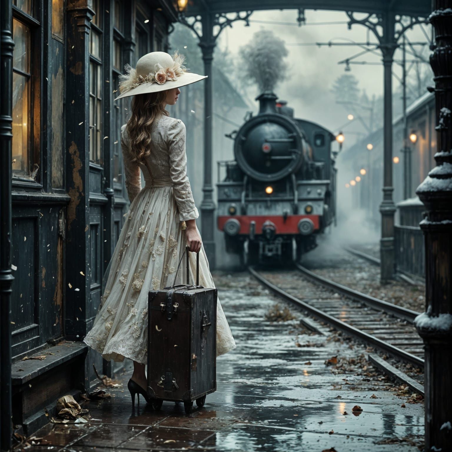 Woman Awaiting Train on Snowy Platform