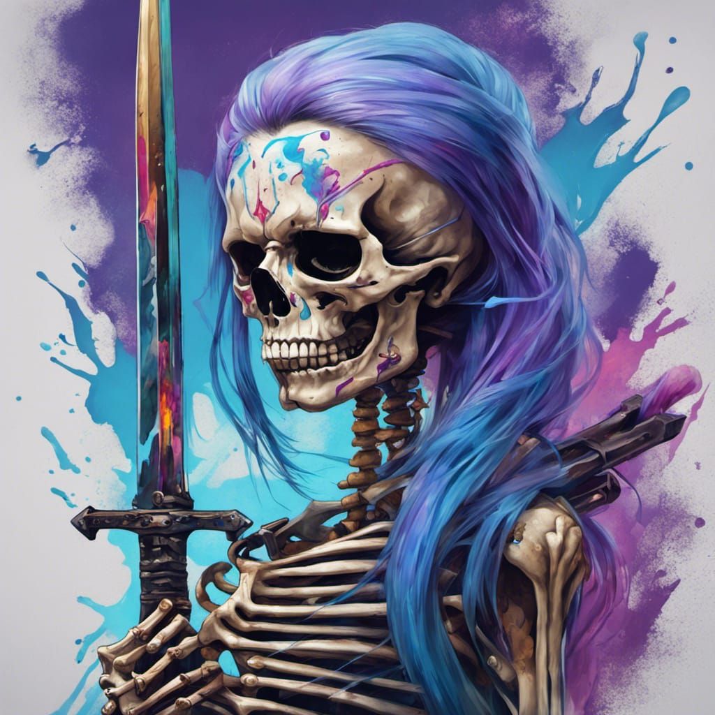 Medieval Skeleton Woman with Magic Hair, Graffiti Art