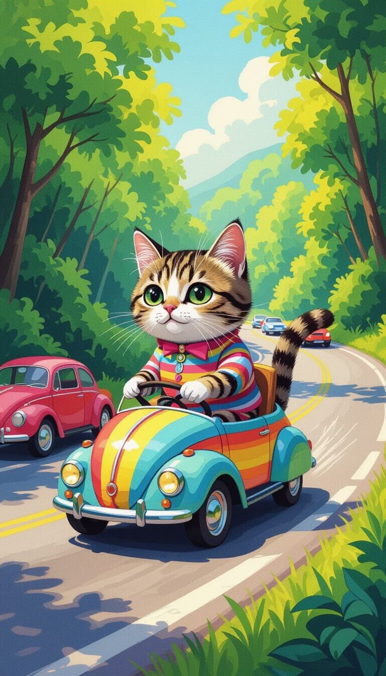 Striped Cat Driving Rainbow Car as Gouache Watercolor