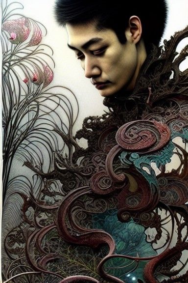 Intricate Digital Illustration with Fractal Hair and Kintsug...