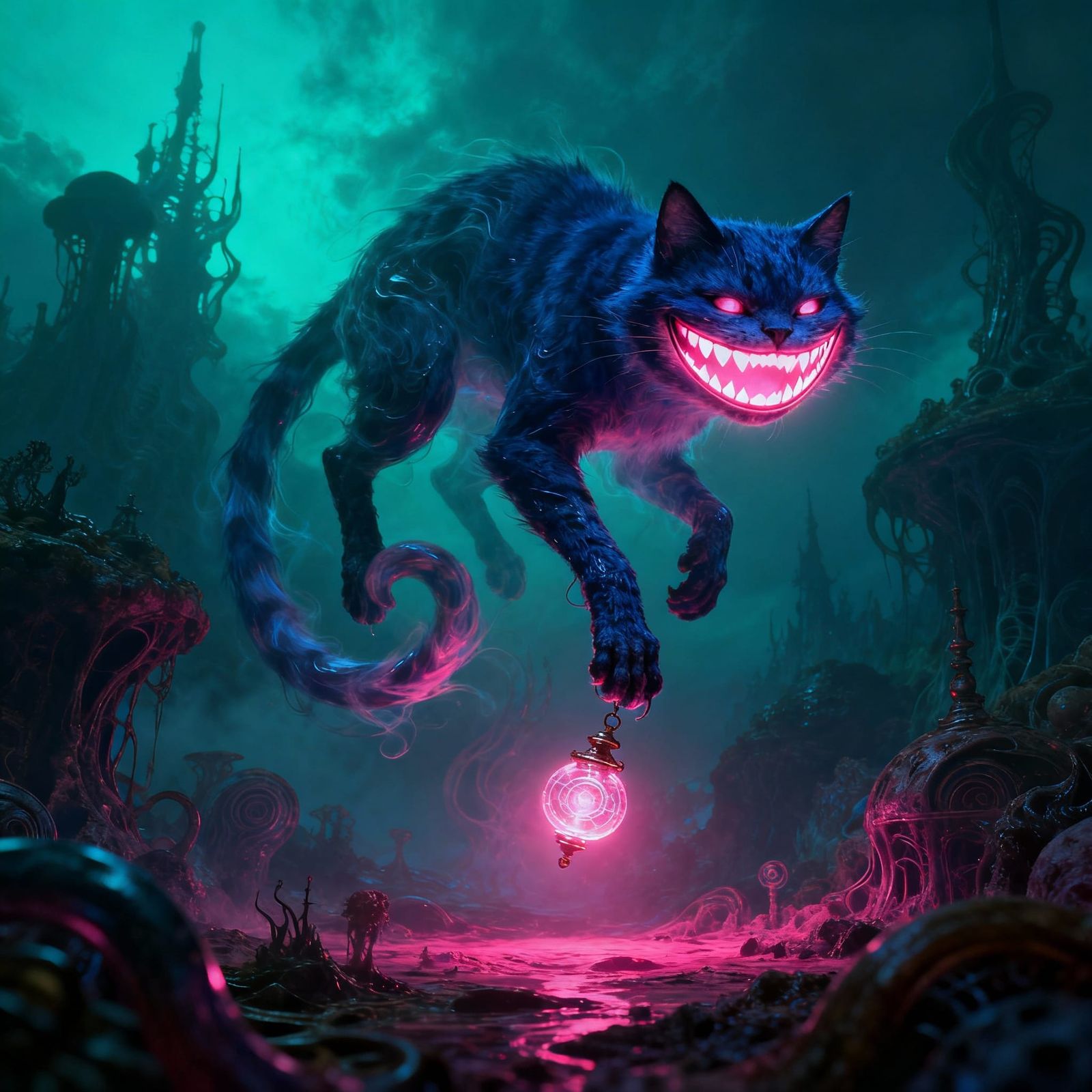 Ethereal Cheshire Cat Grin in Surreal Landscape