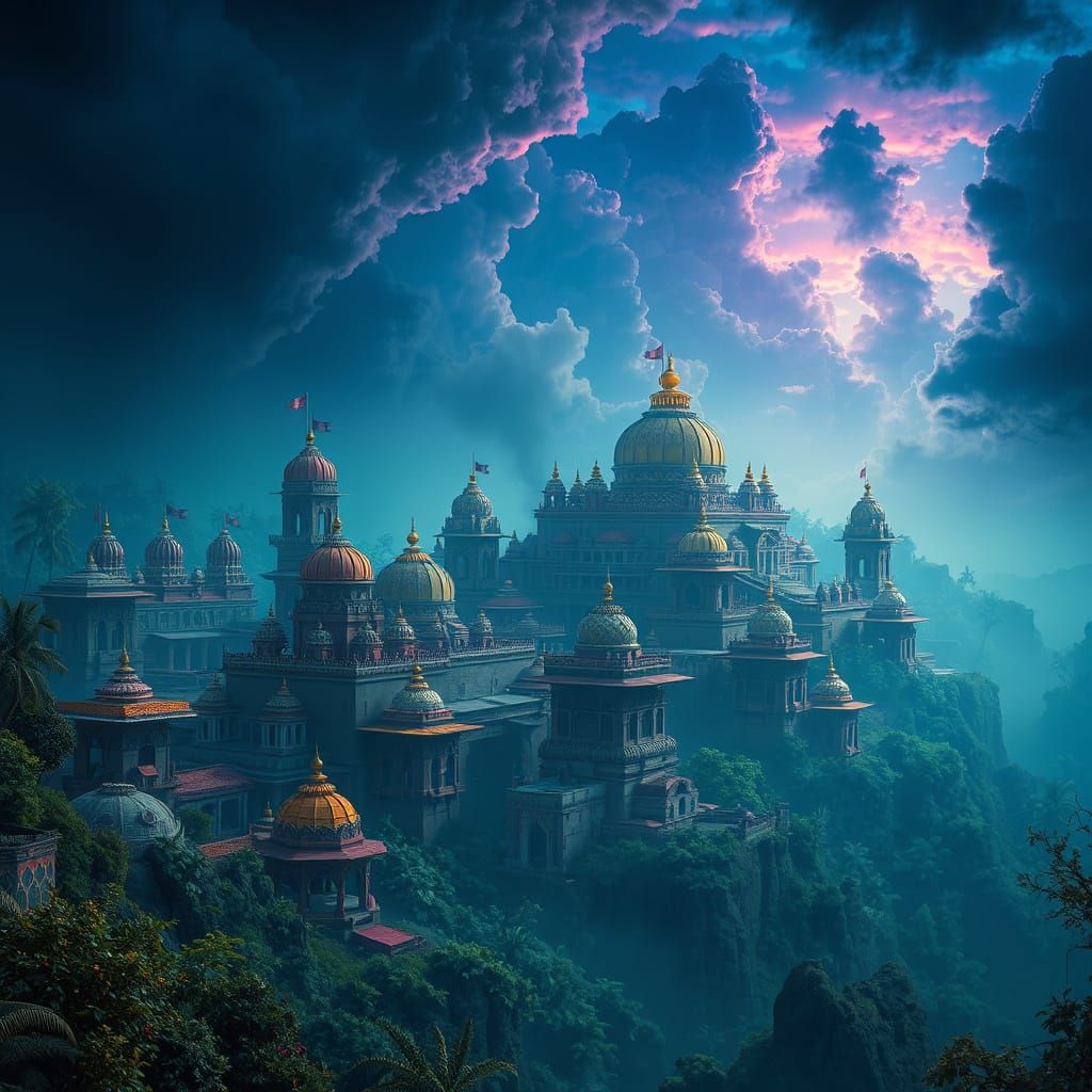 Mystical Indian Cityscape in Vibrant, Dreamlike Atmosphere