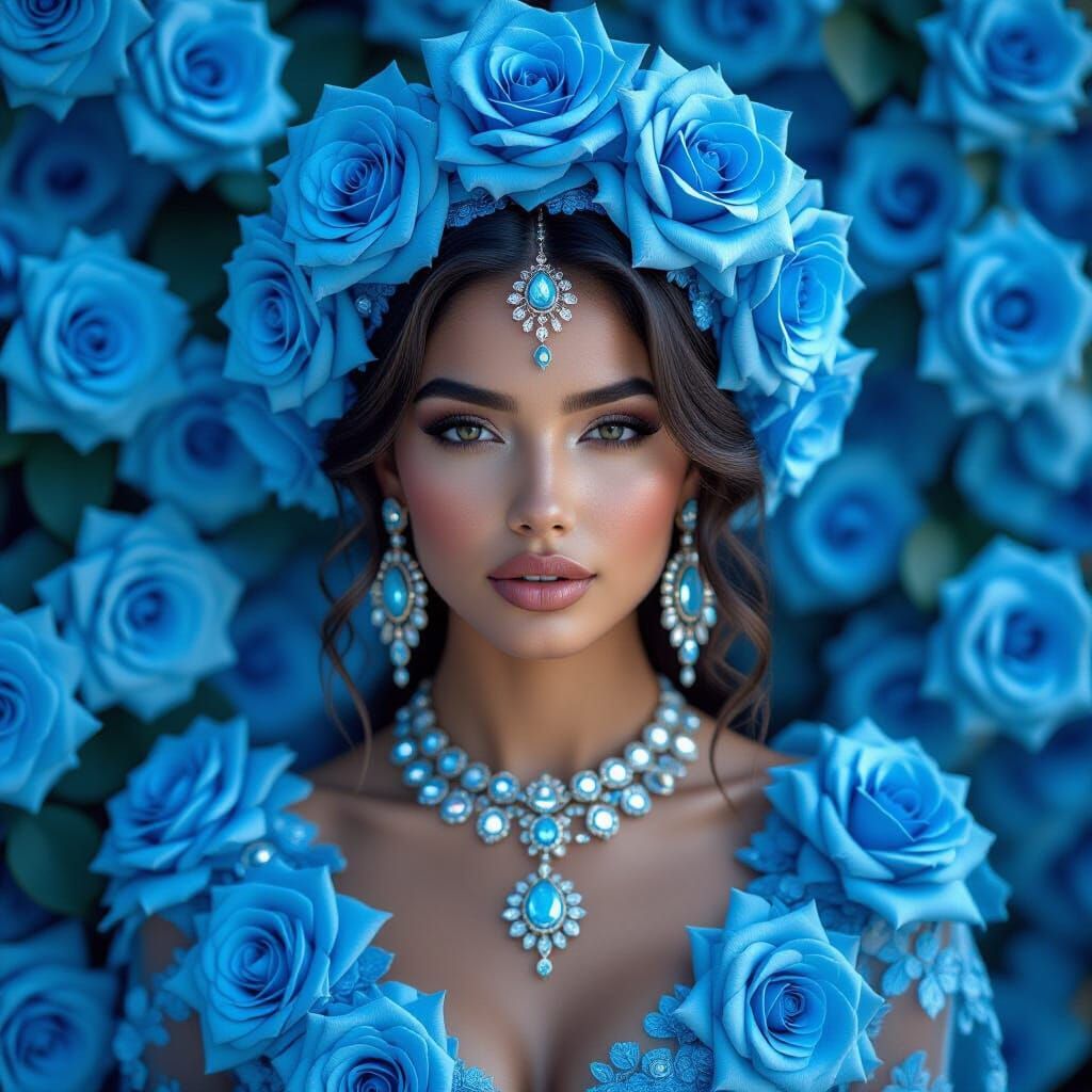 Hyperrealistic Latina Woman Adorned With Sky Blue Roses