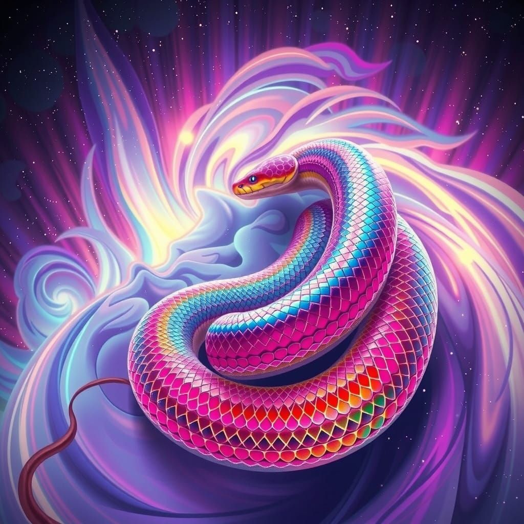 Rainbow Snake with Neon Scales in Aurora Clouds
