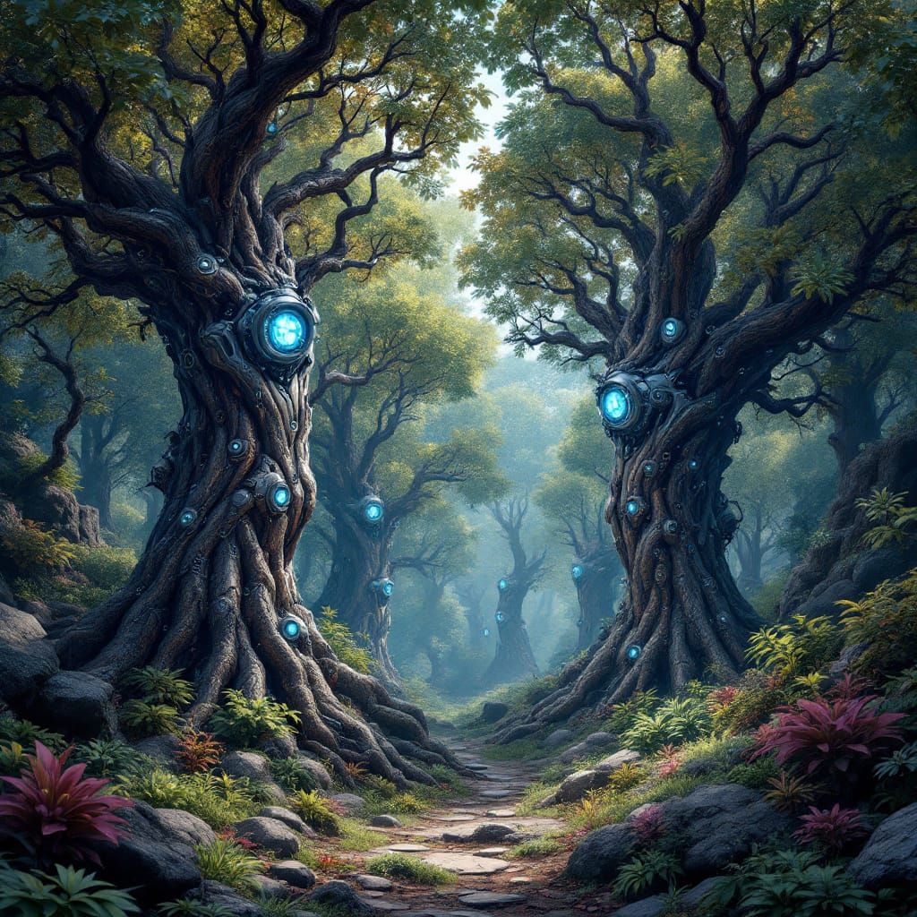 Robot Trees in Lush Forest, Matte Painting Style