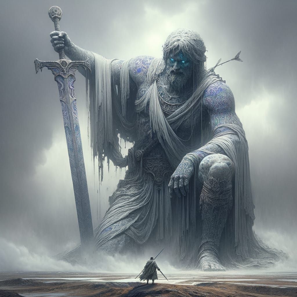 Kneeling Warrior Statue in Stroboscopic Sketch Style