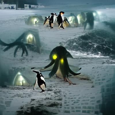 Lovecraftian Penguins Stealing Sanity in Surreal Scene