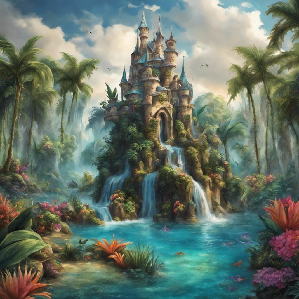 Tropical Mermaid Lagoon with Water Castle