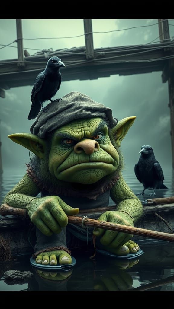 Grumpy Troll Fisherman Under Bridge: Cinematic Film Style