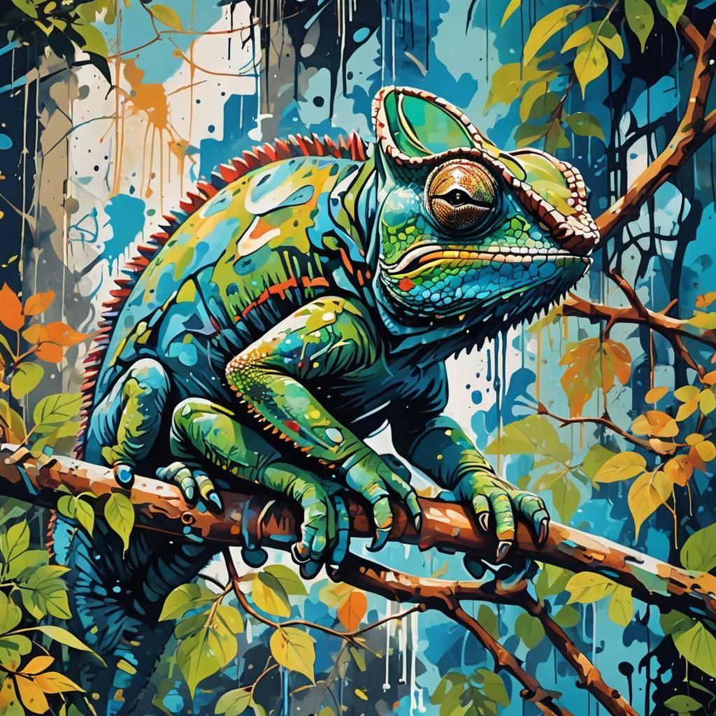 Chameleon in Vibrant Graffiti Art Style