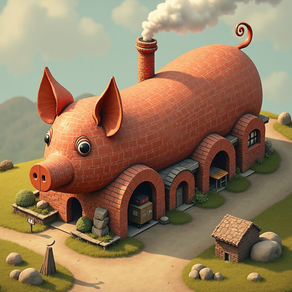 Aerial View: Whimsical Pig-Shaped Sausage Factory