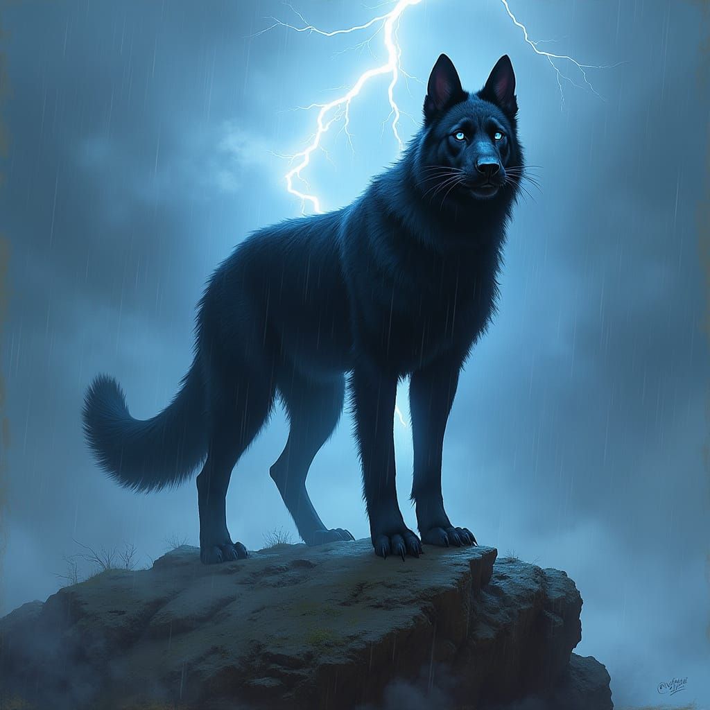 German Shepherd Panther Hybrid on Rainy Mountain Peak