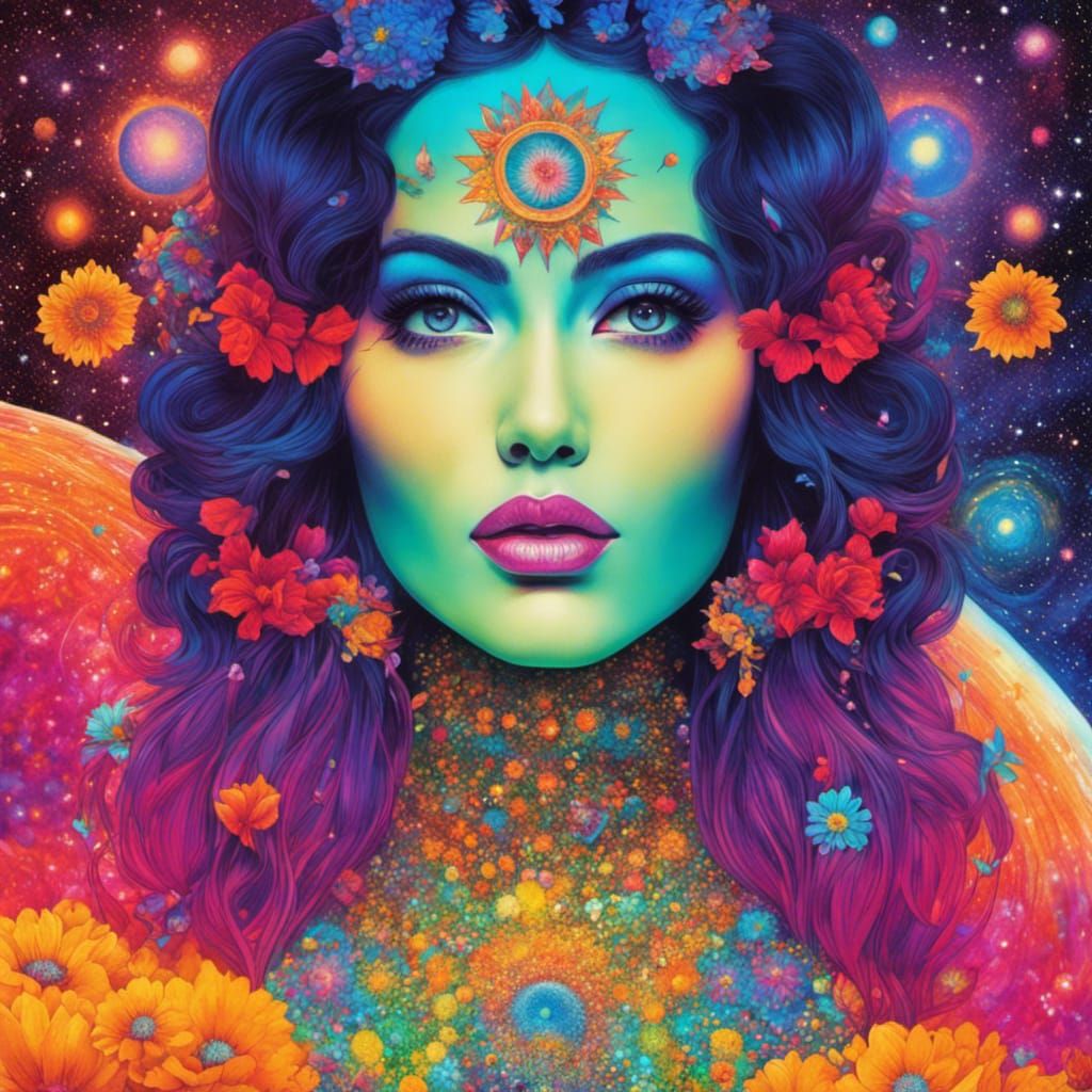 Psychedelic 1960s Portrait of Woman with Flowers
