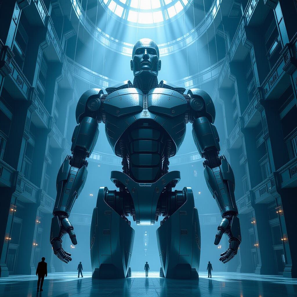 Colossal Wired Tower on Mechanical Torso in Luxury Sci-Fi Ch...