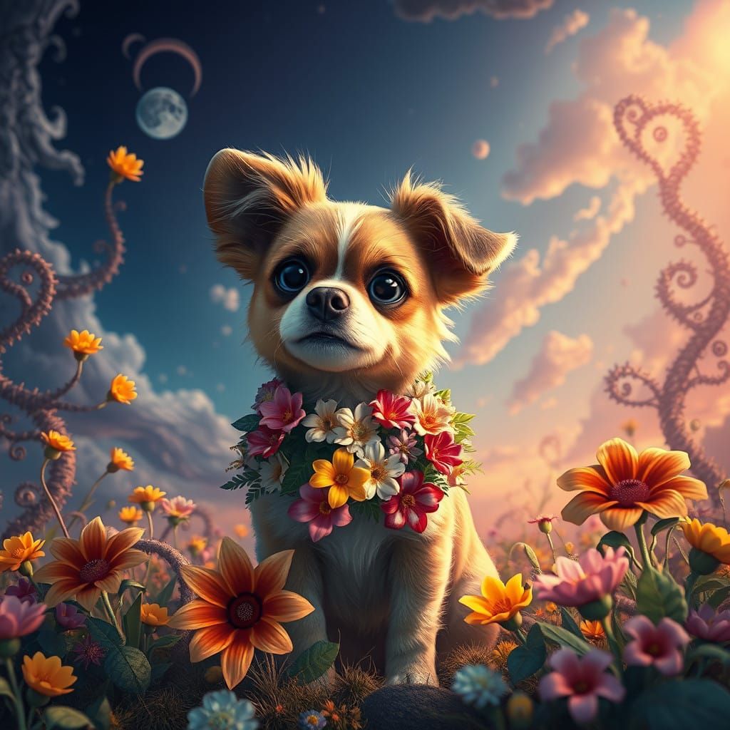 Surreal Canine Goddess Blooms in Vibrant Floral Wonderland