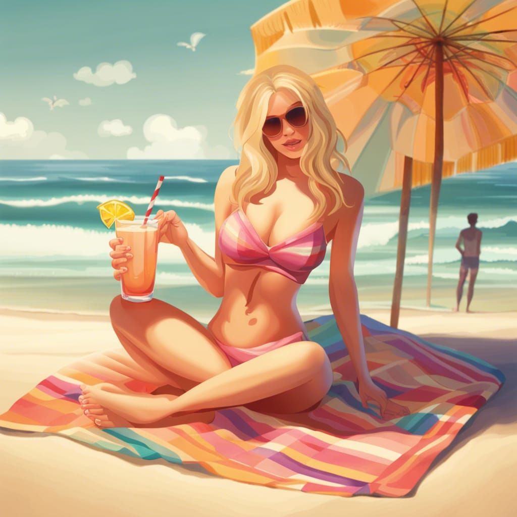 Blonde Woman Relaxing on Beach with Drink