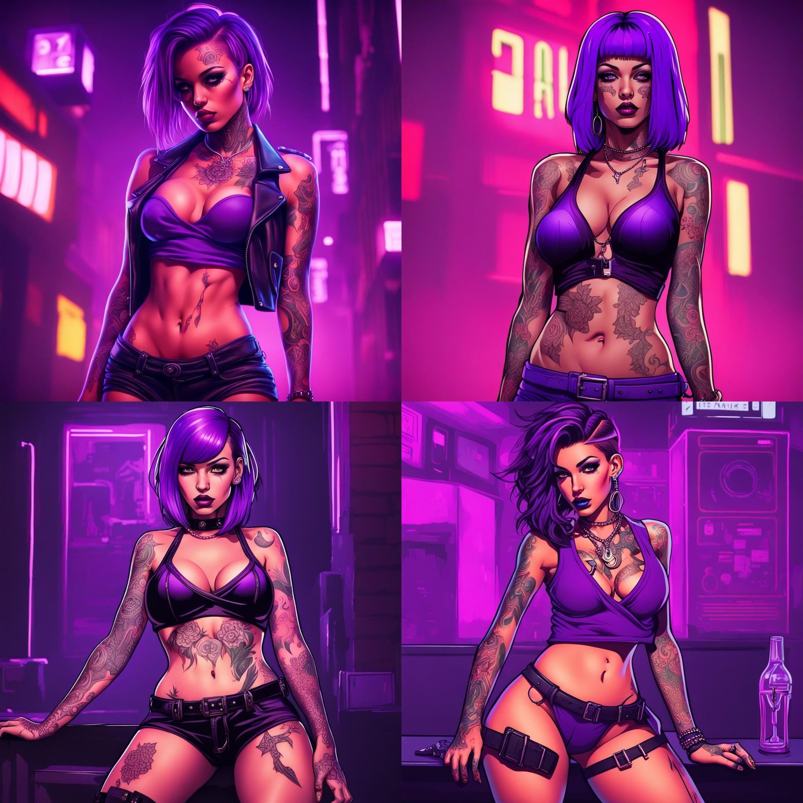 Neon Gangster Girl with Tattoos in Cyberpunk Style