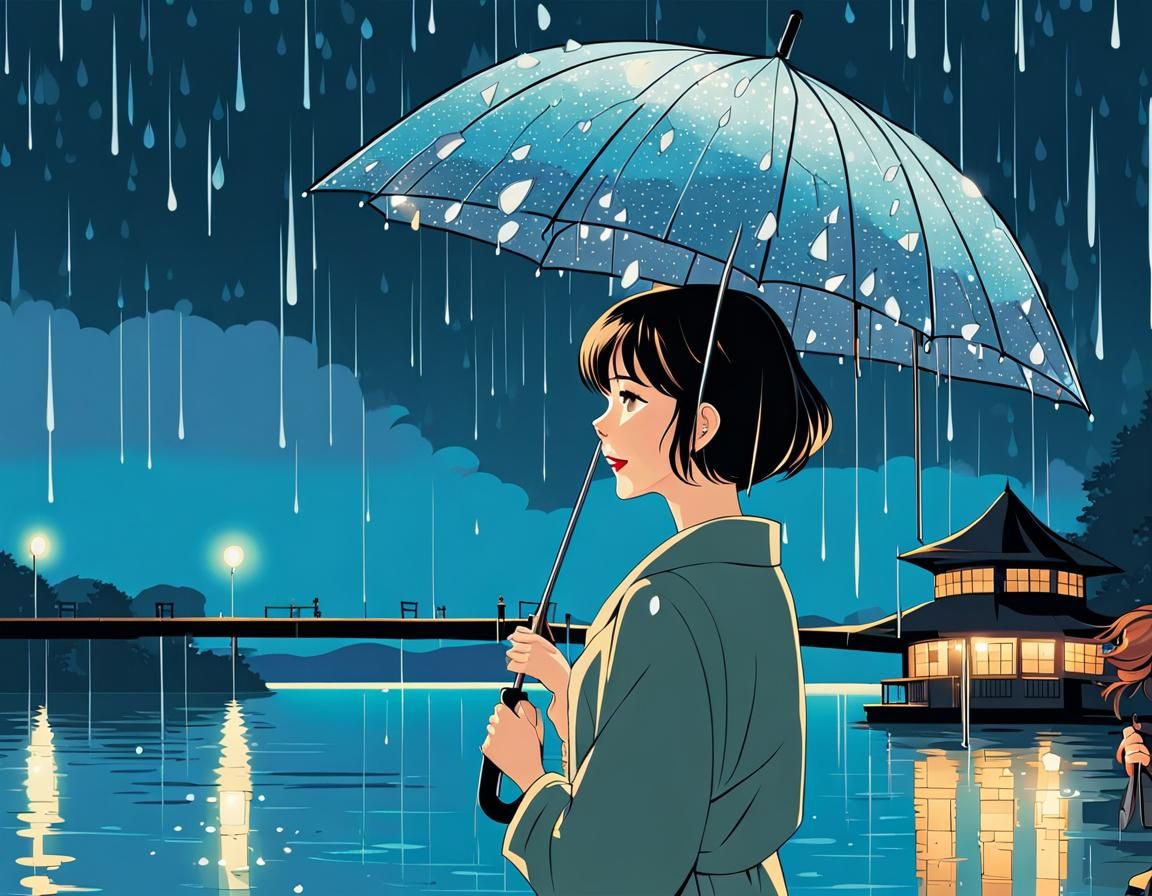 Elegant Woman in Diamond Rain, Studio Ghibli Style