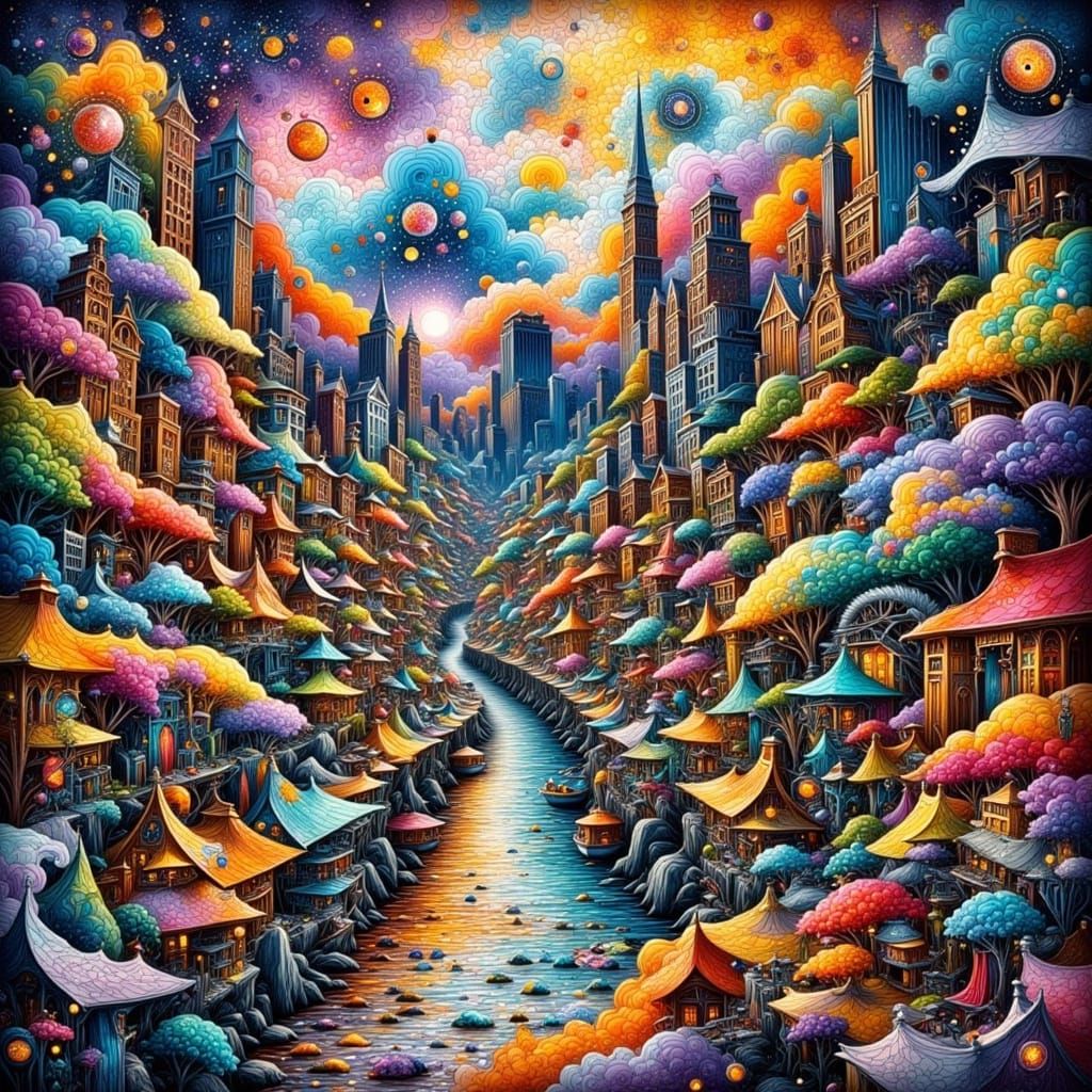 Hyperreal Zentangle Cityscape with Fractal Designs