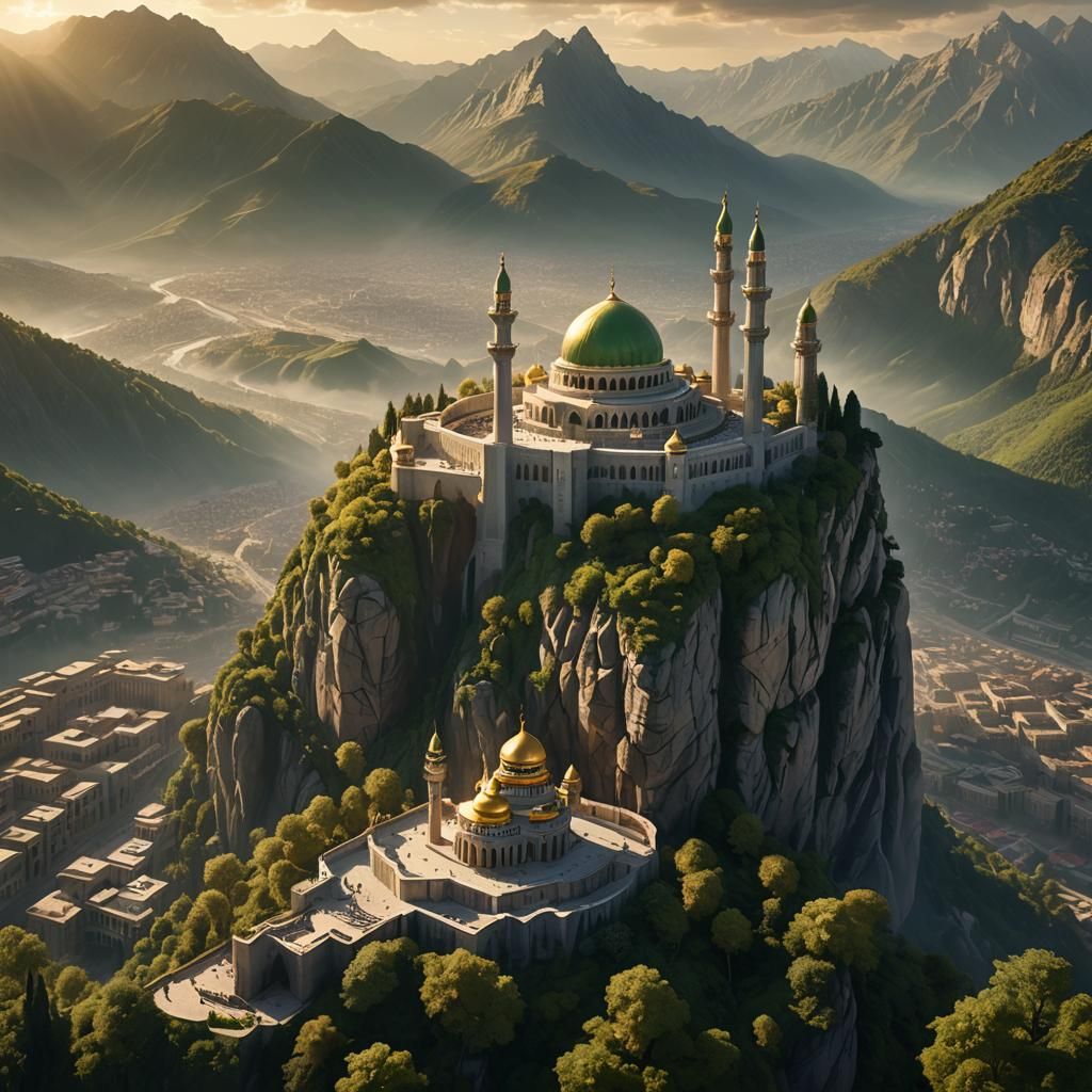 Majestic Islamic Monument on Mountain: Digital Matte Paintin...