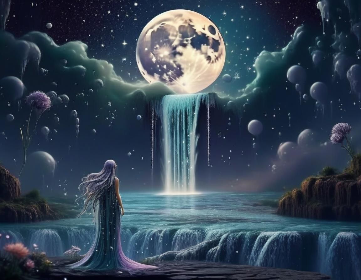 Moon Waterfall Dreamscape in Photorealistic Fantasy Art