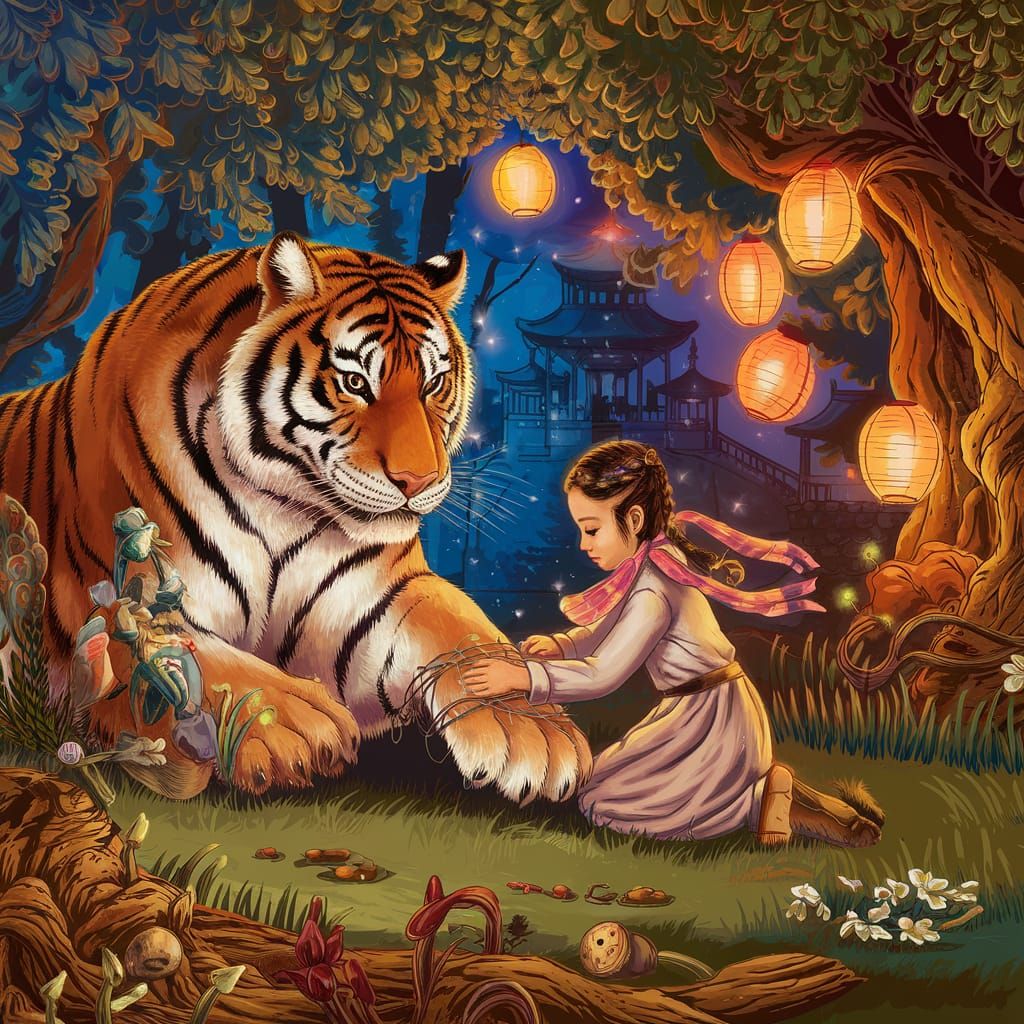 Magical Forest Scene with Tiger and Little Girl in Warm Colo...