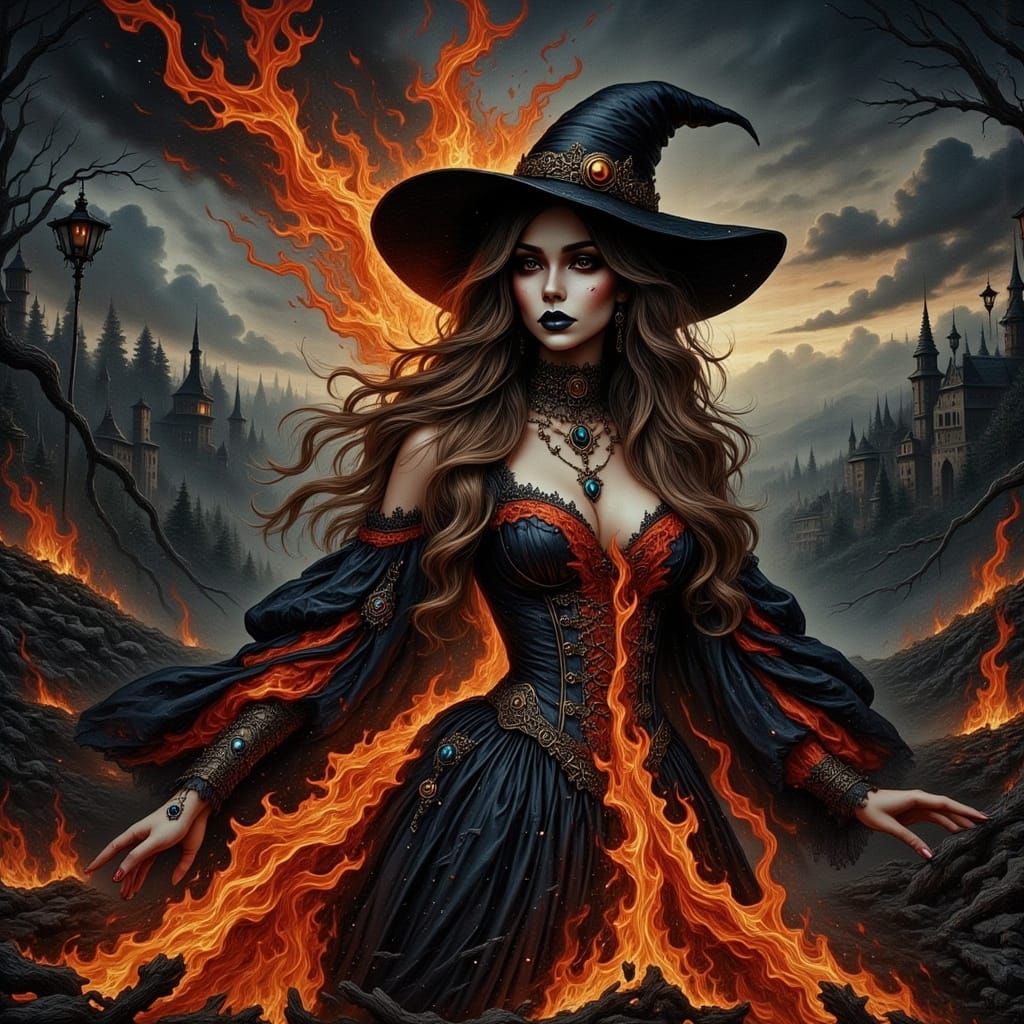 Gothic Witch Tied to Stake Engulfed in Flames