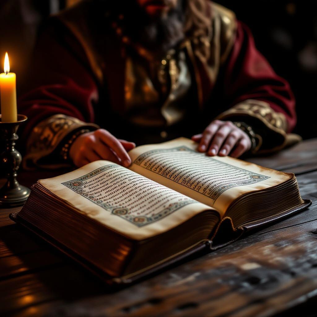 Ancient Illuminated Manuscript on Wooden Table in Candleligh...
