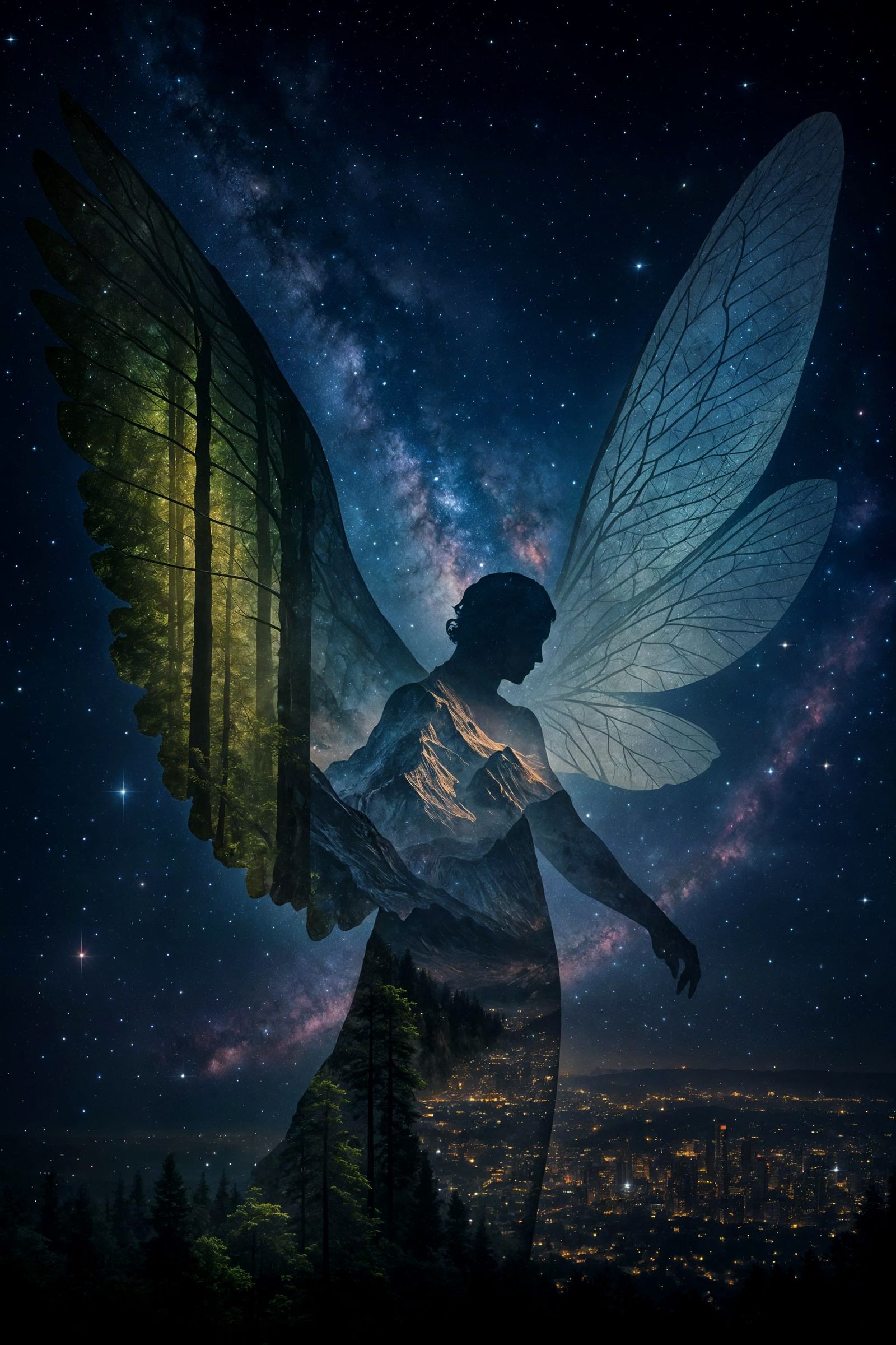 Winged Silhouette with Forest and Mountain Layers