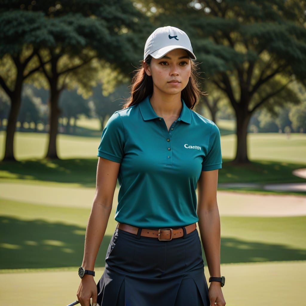 Confident Golfer in Teal and Navy on a Lush Green Course