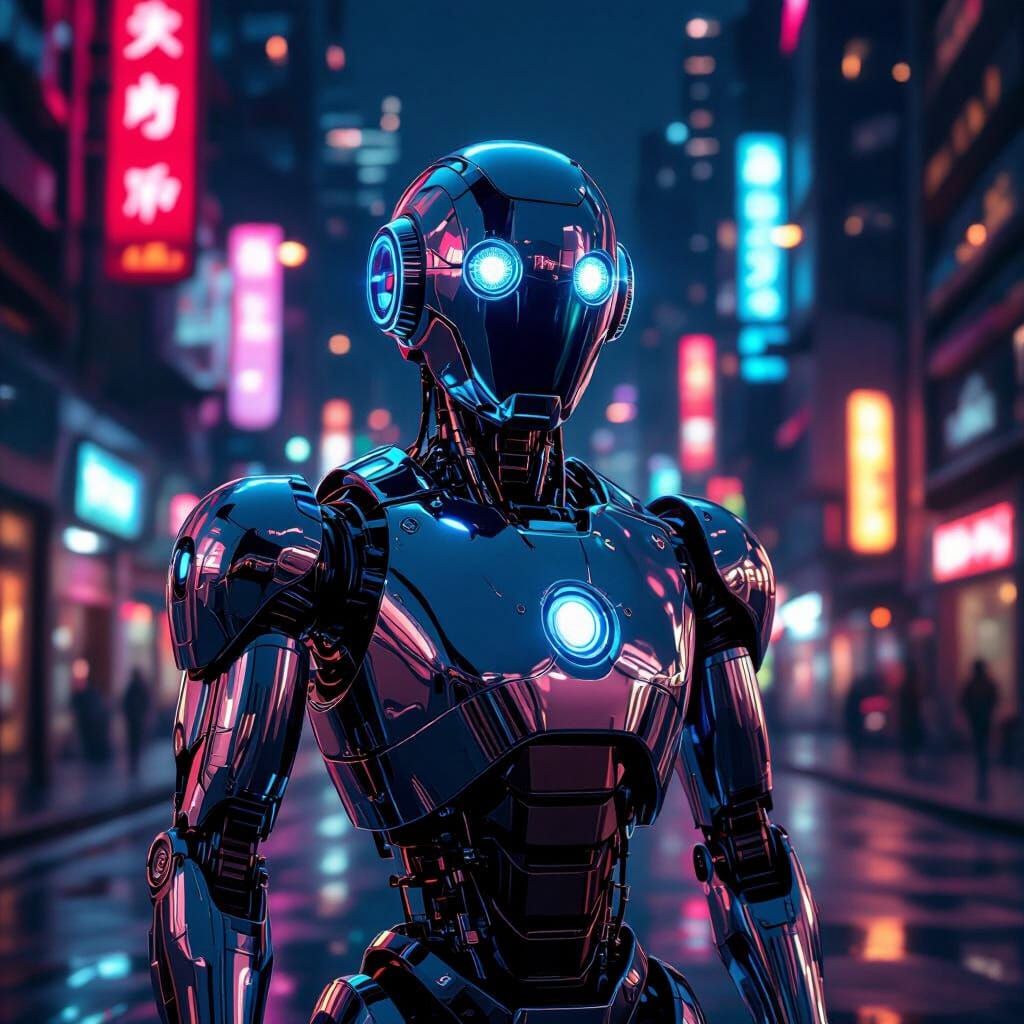 Sleek Chrome Robot in Neon Futuristic City