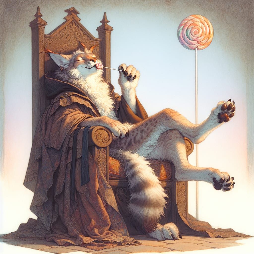 Lynx Queen on Throne with Lollipop: Fantasy Art