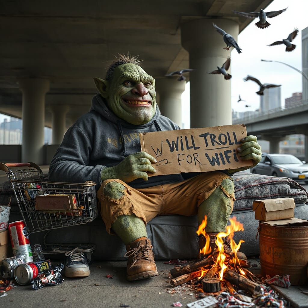 Modern Troll Under City Overpass in Photorealistic Style