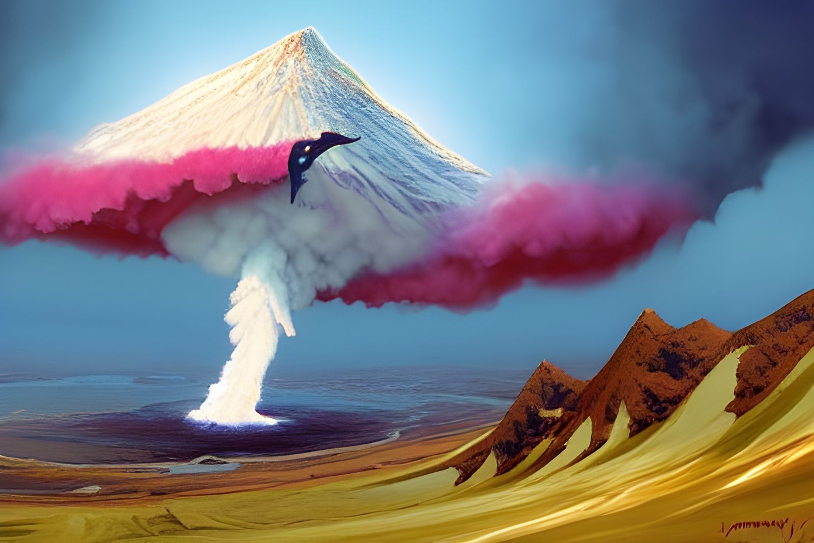 Nazgul Flies into Cherry Vanilla Volcano, Oil Painting