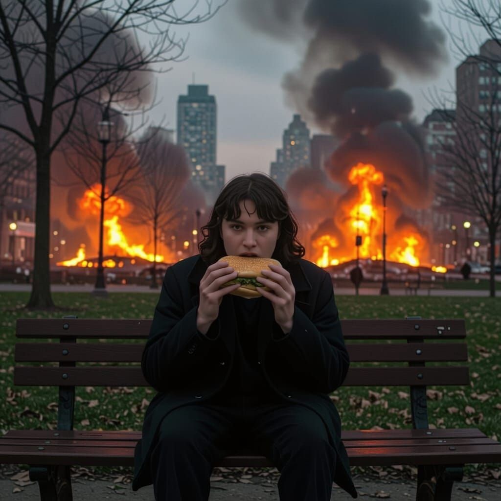 Person Eats Sandwich Amidst Fiery Chaos