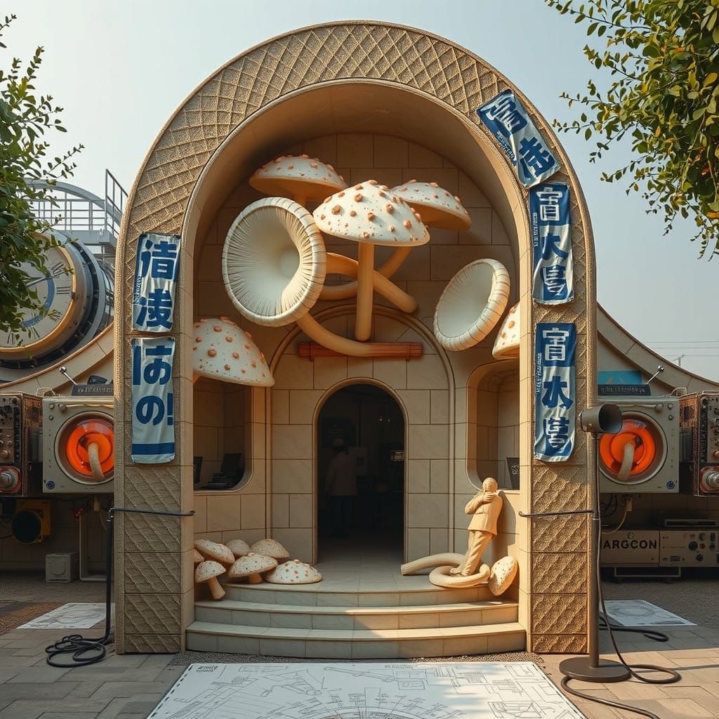 Surreal Industrial Wonderland with Bureaucrat and Retro Mach...