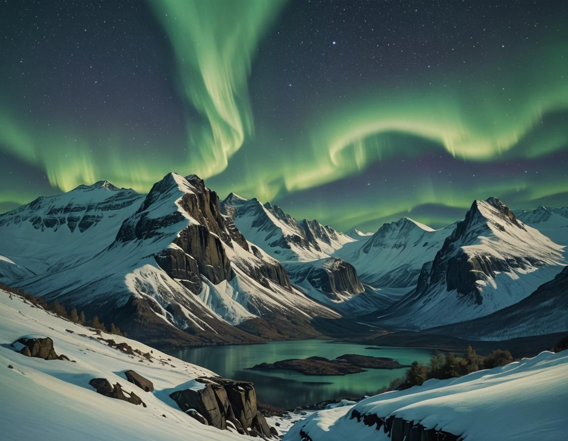 Pre-Raphaelite Aurora Borealis Over Snowy Mountains