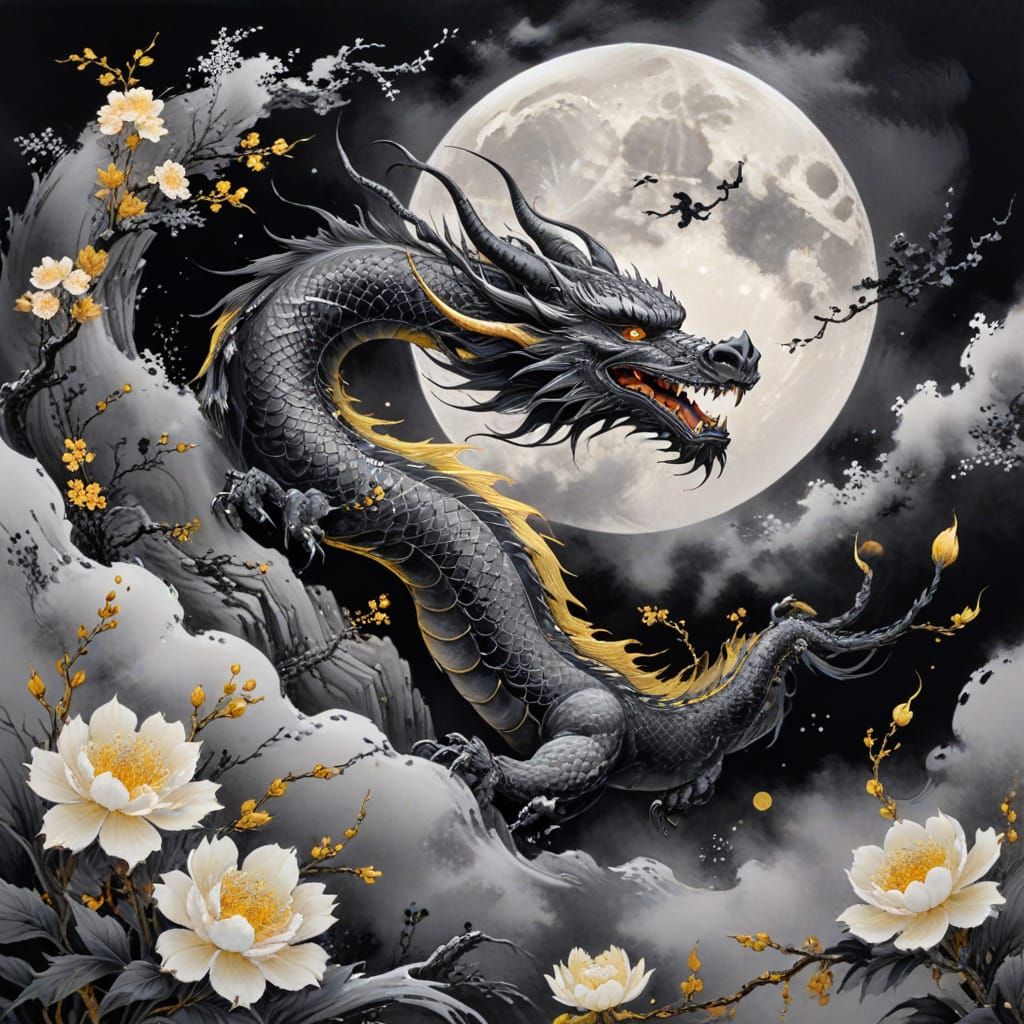 wind,flowers,snow, dragon close up, backdrop of oversized mo...