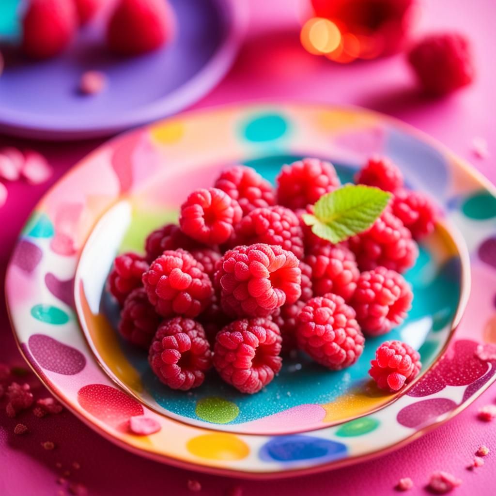 Raspberry Dessert on Colorful Plate, Professional Photograph...