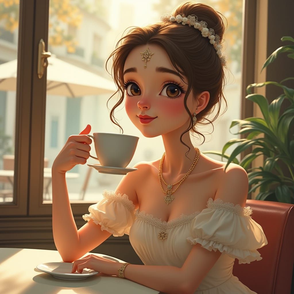 Angel Sipping Coffee in Paris: Whimsical Digital Art