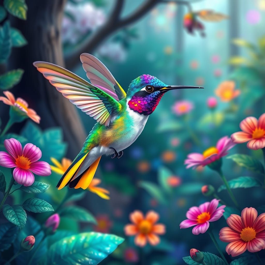 Rainbow Hummingbird in Psychedelic Forest Garden