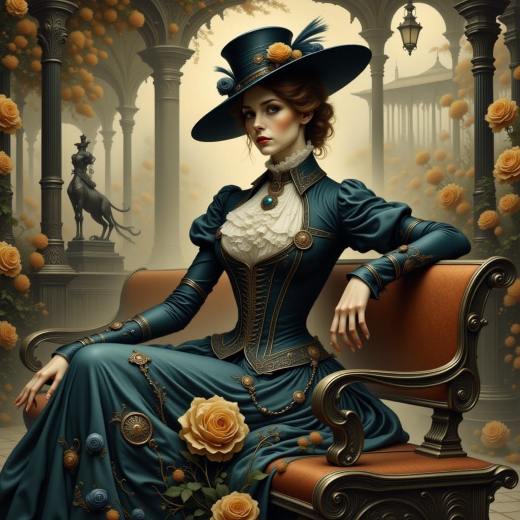 Elegant Steampunk Lady in Victorian Train Station