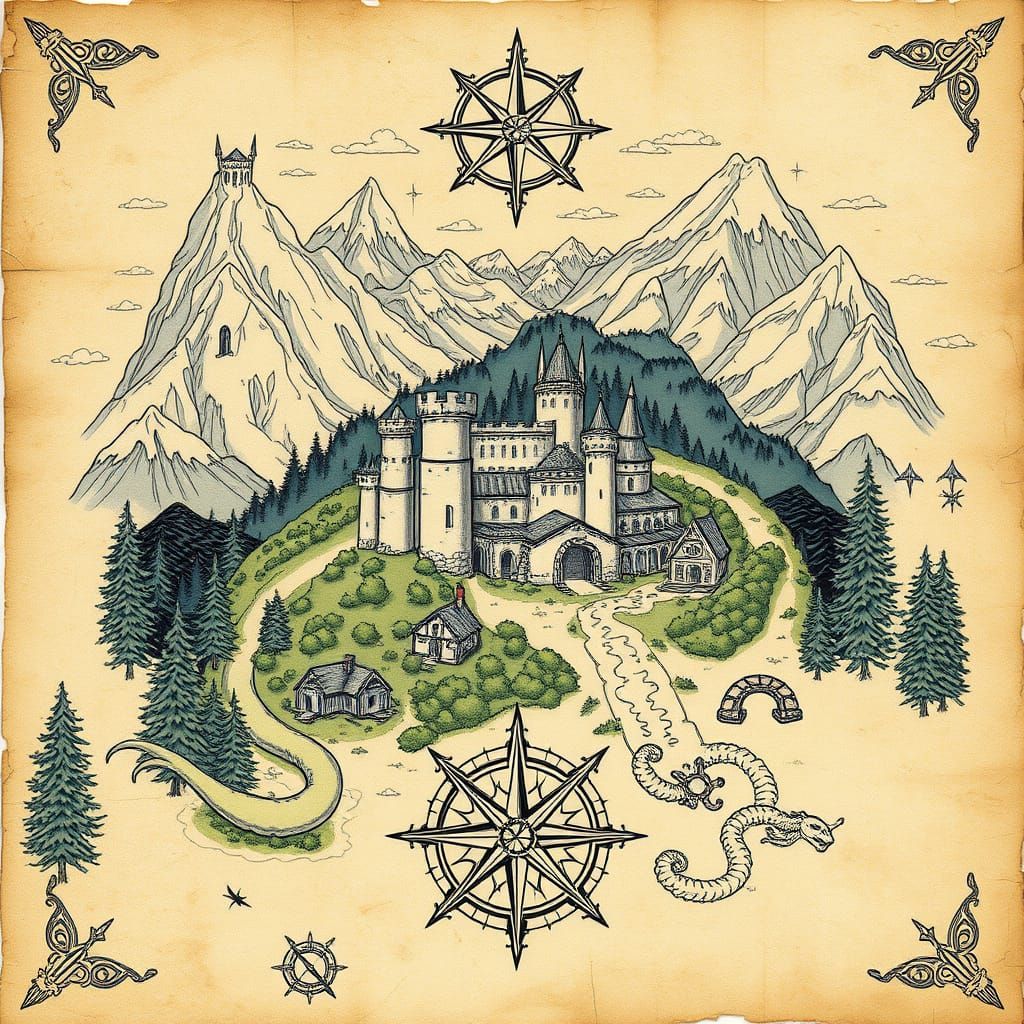 Fantasy Kingdom Map on Parchment in Watercolor Style
