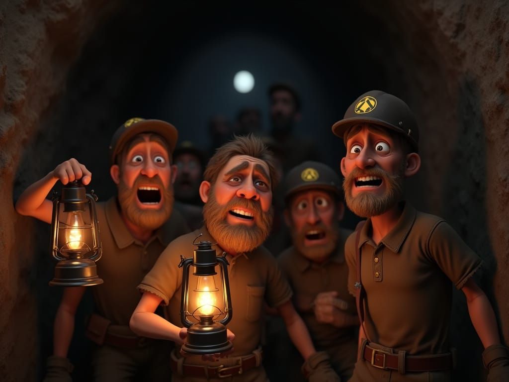 Pixar Miners Descend Dark Tunnel with Lanterns