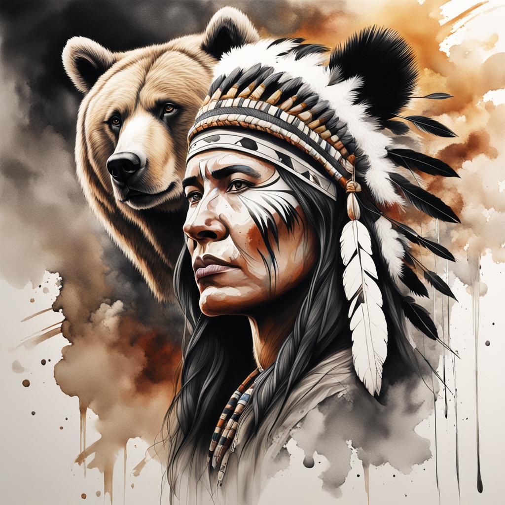 Watercolor Portrait: Native American Woman, Bear Hybrid