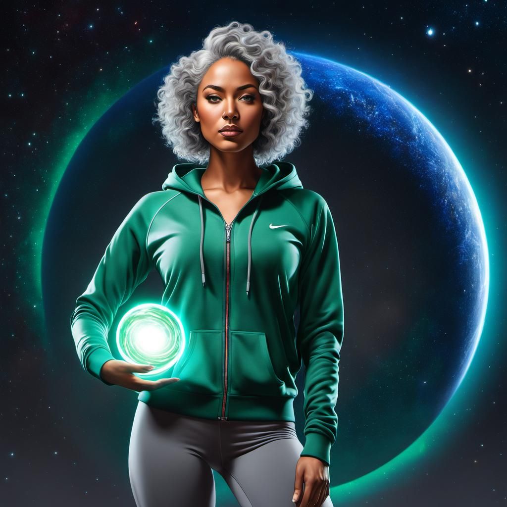 Woman Holding Universe-Controlling iPhone in Cosmic Style