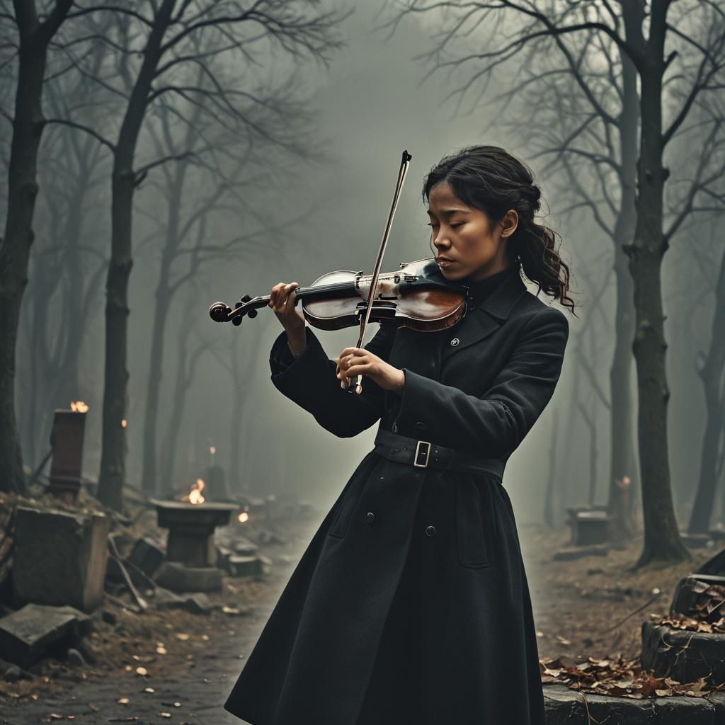 Woman in Black Coat Plays Violin: Cinematic Still