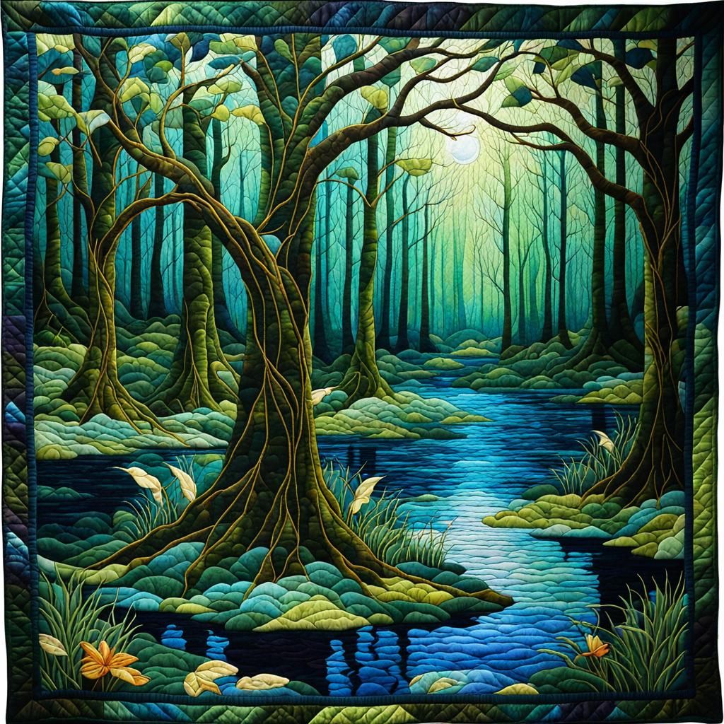 Forest Fairy Fantasy Swamp in Patchwork Quilt Style