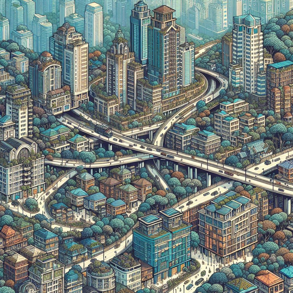 Lively Urban Terraces: A Detailed Cityscape Illustration