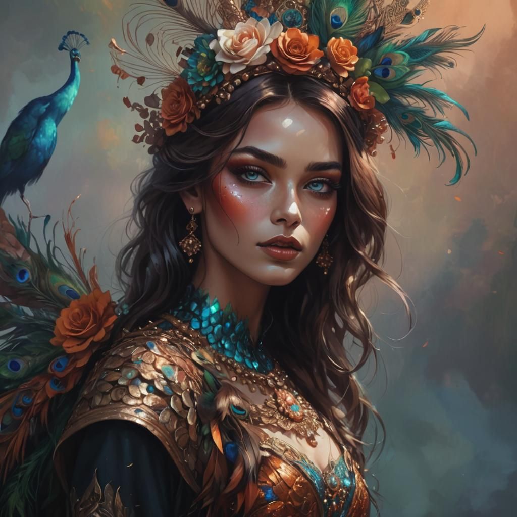 Rainbow Woman Portrait with Peacock Feathers